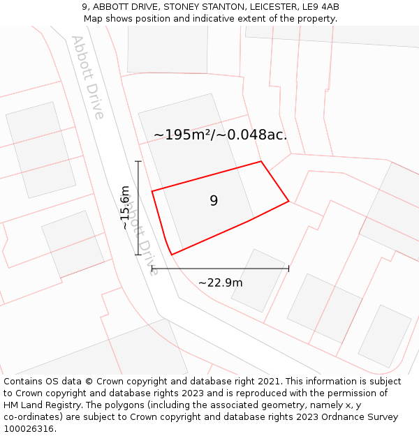 9, ABBOTT DRIVE, STONEY STANTON, LEICESTER, LE9 4AB: Plot and title map