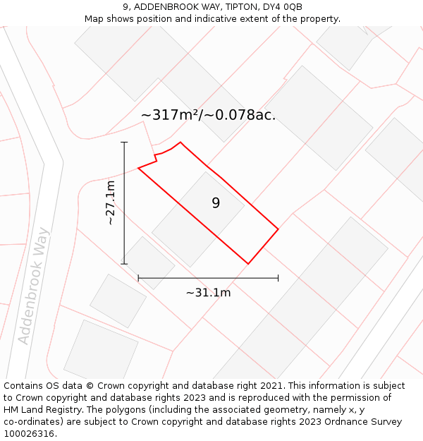 9, ADDENBROOK WAY, TIPTON, DY4 0QB: Plot and title map