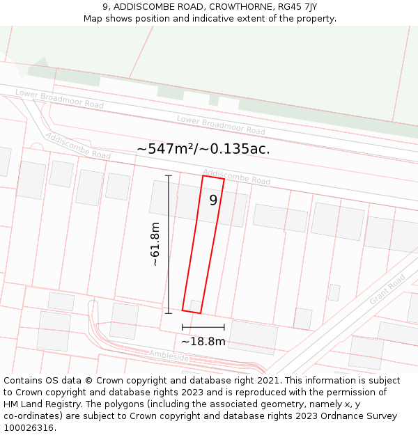 9, ADDISCOMBE ROAD, CROWTHORNE, RG45 7JY: Plot and title map