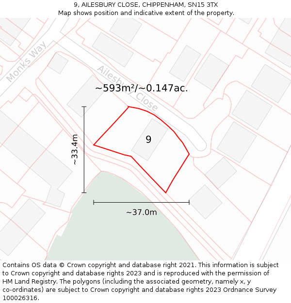 9, AILESBURY CLOSE, CHIPPENHAM, SN15 3TX: Plot and title map