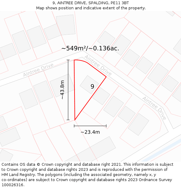 9, AINTREE DRIVE, SPALDING, PE11 3BT: Plot and title map