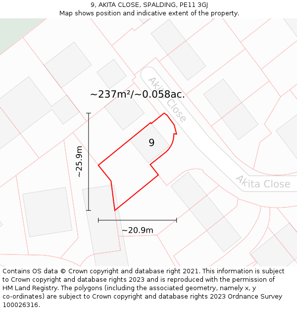 9, AKITA CLOSE, SPALDING, PE11 3GJ: Plot and title map