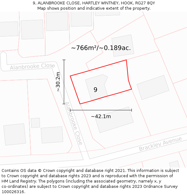 9, ALANBROOKE CLOSE, HARTLEY WINTNEY, HOOK, RG27 8QY: Plot and title map