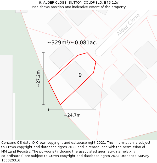 9, ALDER CLOSE, SUTTON COLDFIELD, B76 1LW: Plot and title map