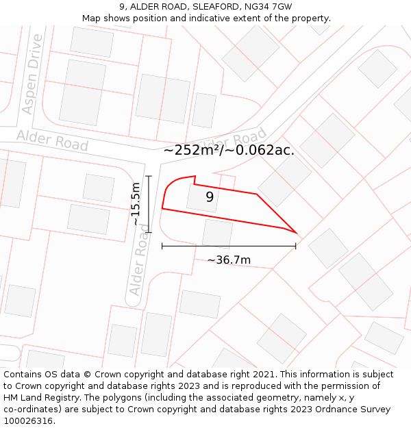 9, ALDER ROAD, SLEAFORD, NG34 7GW: Plot and title map