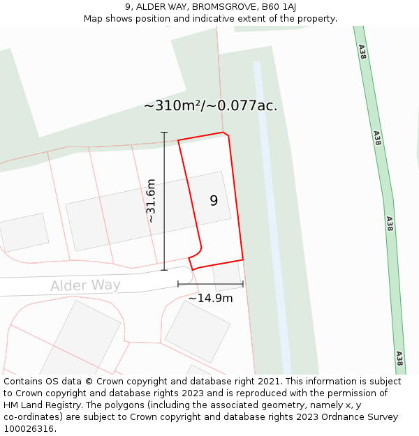 9, ALDER WAY, BROMSGROVE, B60 1AJ: Plot and title map