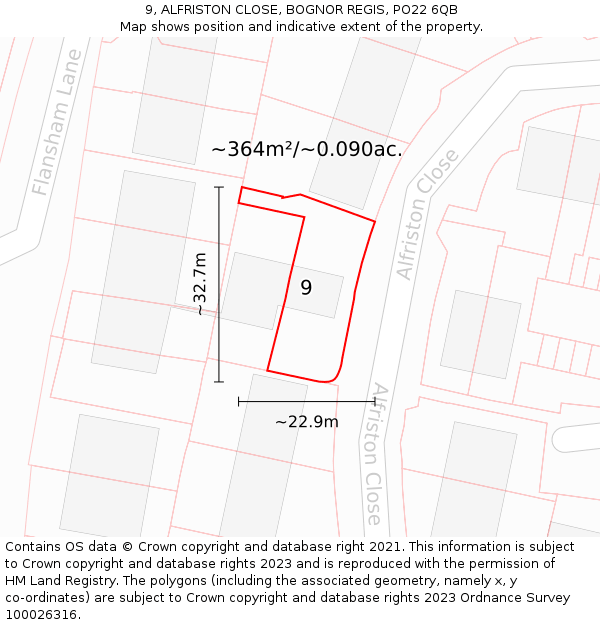 9, ALFRISTON CLOSE, BOGNOR REGIS, PO22 6QB: Plot and title map