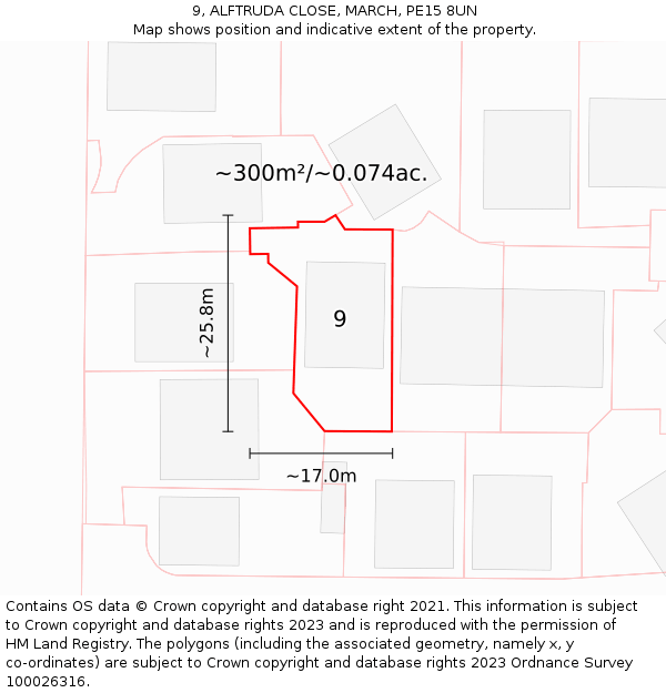 9, ALFTRUDA CLOSE, MARCH, PE15 8UN: Plot and title map