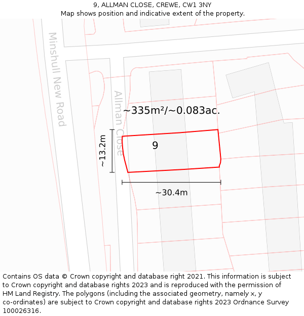 9, ALLMAN CLOSE, CREWE, CW1 3NY: Plot and title map