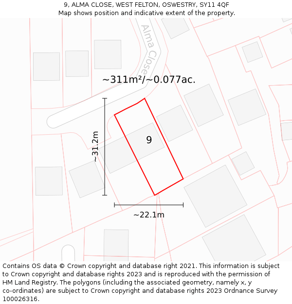 9, ALMA CLOSE, WEST FELTON, OSWESTRY, SY11 4QF: Plot and title map