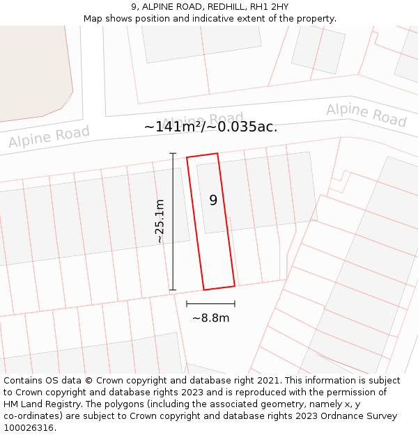 9, ALPINE ROAD, REDHILL, RH1 2HY: Plot and title map