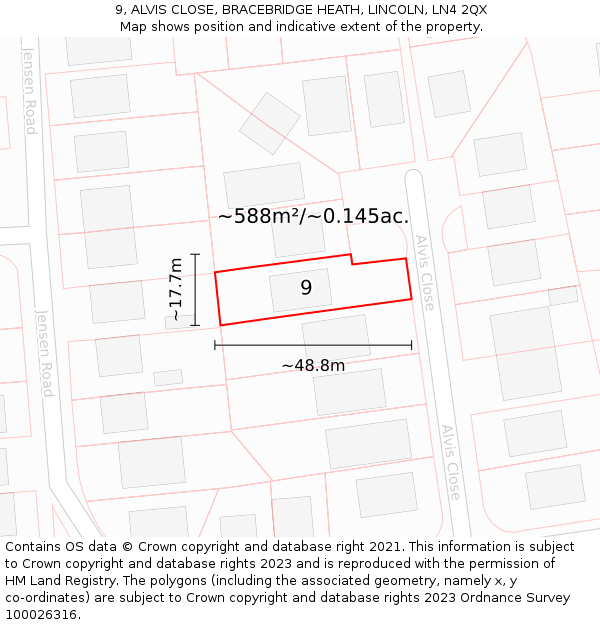 9, ALVIS CLOSE, BRACEBRIDGE HEATH, LINCOLN, LN4 2QX: Plot and title map