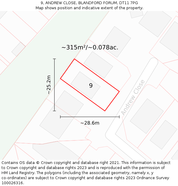 9, ANDREW CLOSE, BLANDFORD FORUM, DT11 7PG: Plot and title map