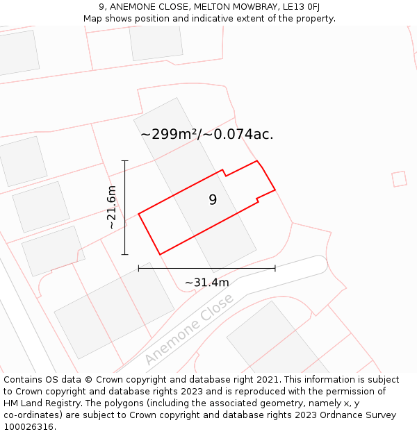 9, ANEMONE CLOSE, MELTON MOWBRAY, LE13 0FJ: Plot and title map