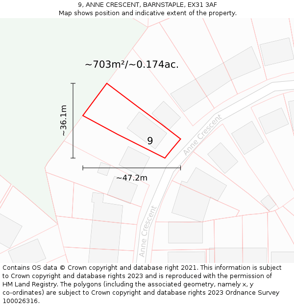 9, ANNE CRESCENT, BARNSTAPLE, EX31 3AF: Plot and title map