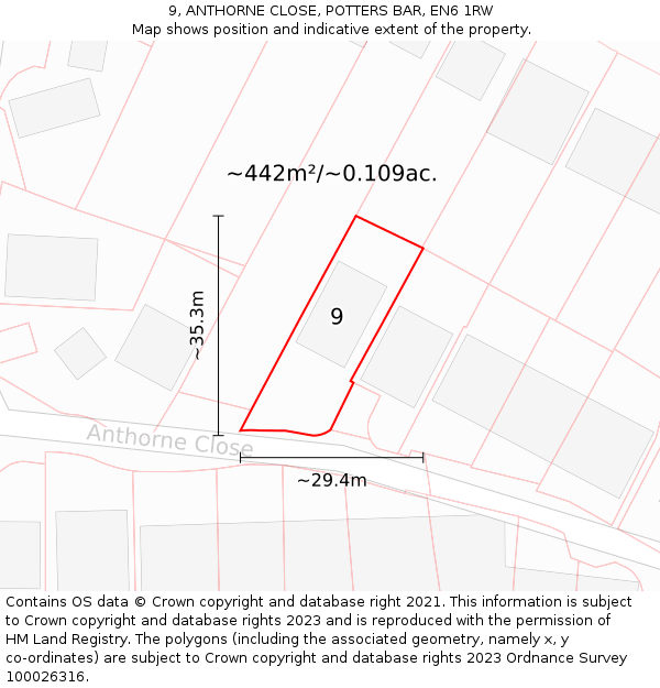 9, ANTHORNE CLOSE, POTTERS BAR, EN6 1RW: Plot and title map