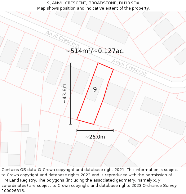 9, ANVIL CRESCENT, BROADSTONE, BH18 9DX: Plot and title map