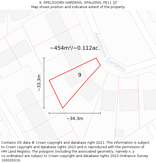 9, APELDOORN GARDENS, SPALDING, PE11 1JT: Plot and title map