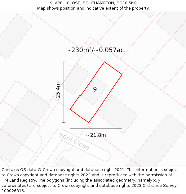 9, APRIL CLOSE, SOUTHAMPTON, SO18 5NP: Plot and title map