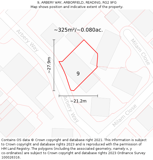 9, ARBERY WAY, ARBORFIELD, READING, RG2 9FG: Plot and title map