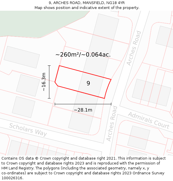 9, ARCHES ROAD, MANSFIELD, NG18 4YR: Plot and title map