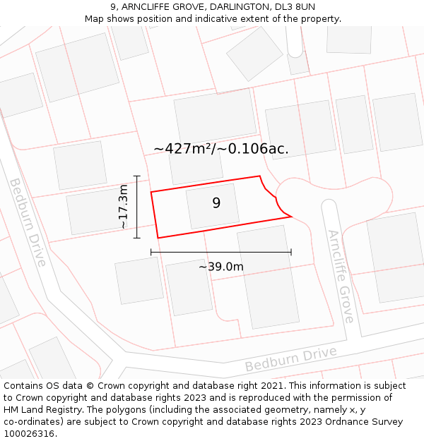 9, ARNCLIFFE GROVE, DARLINGTON, DL3 8UN: Plot and title map