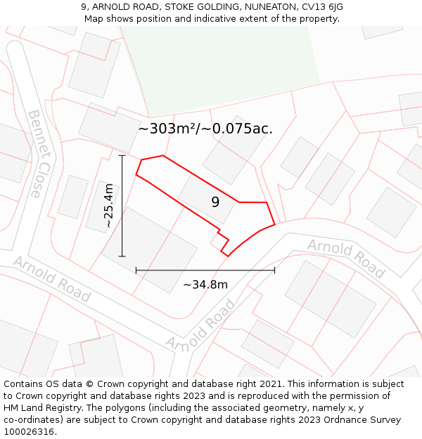 9, ARNOLD ROAD, STOKE GOLDING, NUNEATON, CV13 6JG: Plot and title map