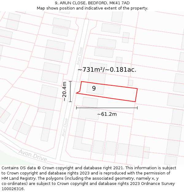 9, ARUN CLOSE, BEDFORD, MK41 7AD: Plot and title map