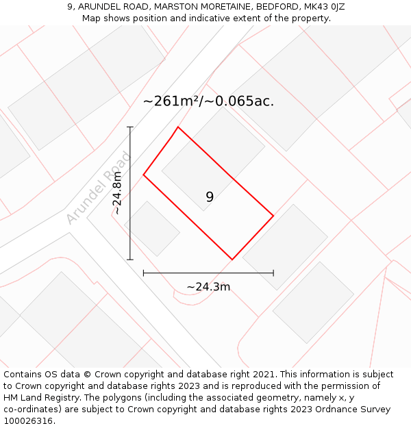 9, ARUNDEL ROAD, MARSTON MORETAINE, BEDFORD, MK43 0JZ: Plot and title map