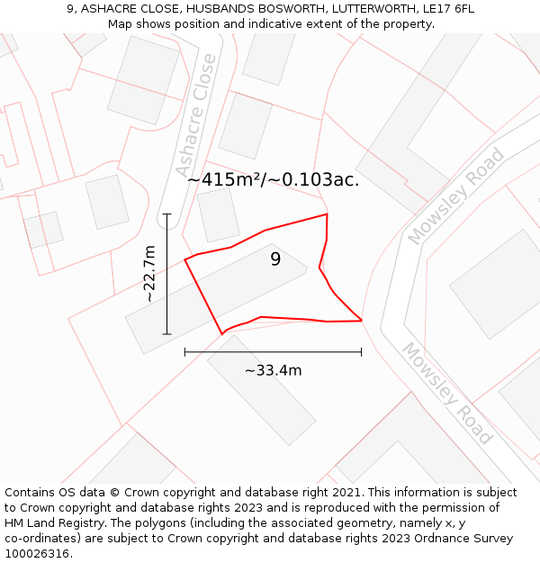 9, ASHACRE CLOSE, HUSBANDS BOSWORTH, LUTTERWORTH, LE17 6FL: Plot and title map