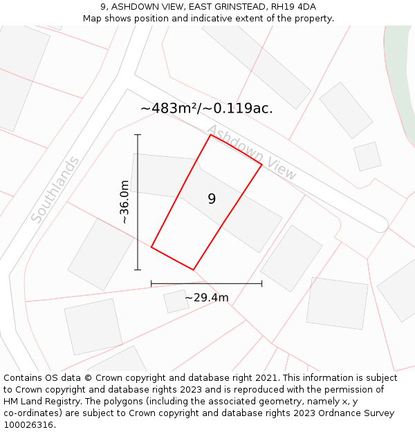 9, ASHDOWN VIEW, EAST GRINSTEAD, RH19 4DA: Plot and title map