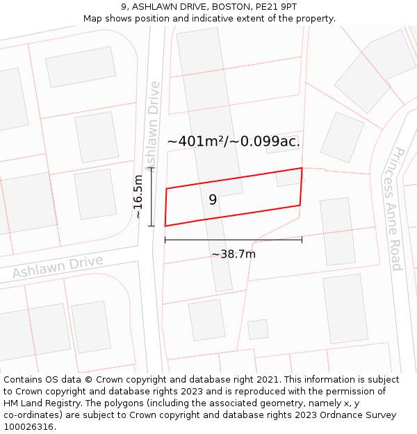 9, ASHLAWN DRIVE, BOSTON, PE21 9PT: Plot and title map