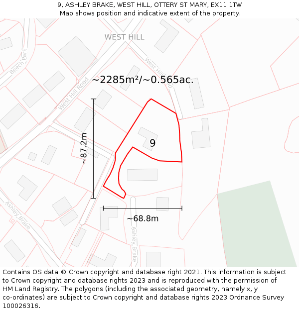 9, ASHLEY BRAKE, WEST HILL, OTTERY ST MARY, EX11 1TW: Plot and title map