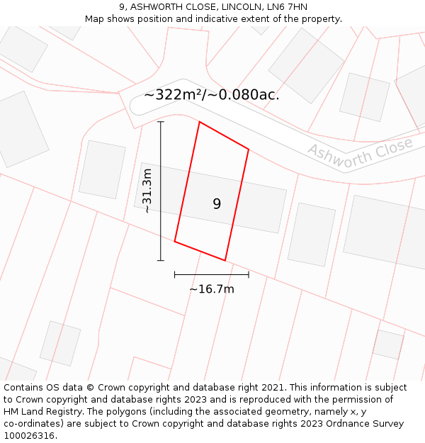 9, ASHWORTH CLOSE, LINCOLN, LN6 7HN: Plot and title map