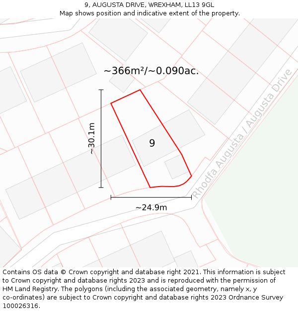 9, AUGUSTA DRIVE, WREXHAM, LL13 9GL: Plot and title map