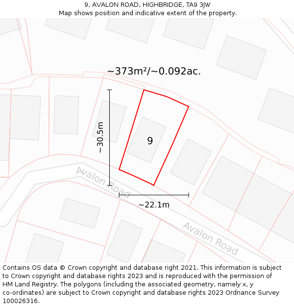 9, AVALON ROAD, HIGHBRIDGE, TA9 3JW: Plot and title map