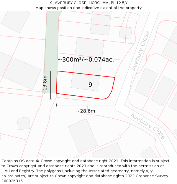 9, AVEBURY CLOSE, HORSHAM, RH12 5JY: Plot and title map