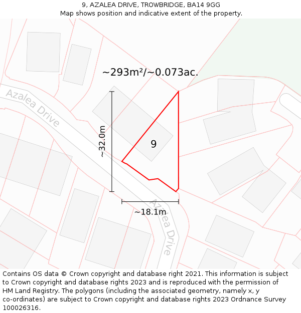 9, AZALEA DRIVE, TROWBRIDGE, BA14 9GG: Plot and title map