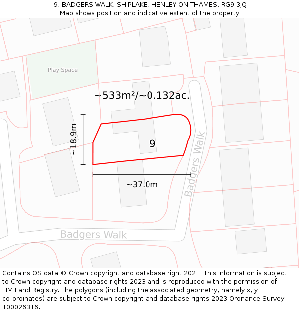 9, BADGERS WALK, SHIPLAKE, HENLEY-ON-THAMES, RG9 3JQ: Plot and title map