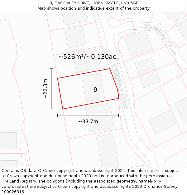 9, BAGGALEY DRIVE, HORNCASTLE, LN9 5GE: Plot and title map