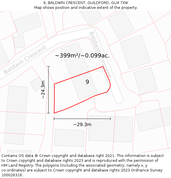 9, BALDWIN CRESCENT, GUILDFORD, GU4 7XW: Plot and title map