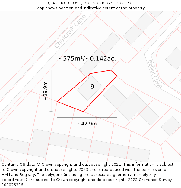 9, BALLIOL CLOSE, BOGNOR REGIS, PO21 5QE: Plot and title map