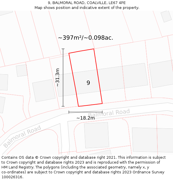 9, BALMORAL ROAD, COALVILLE, LE67 4PE: Plot and title map