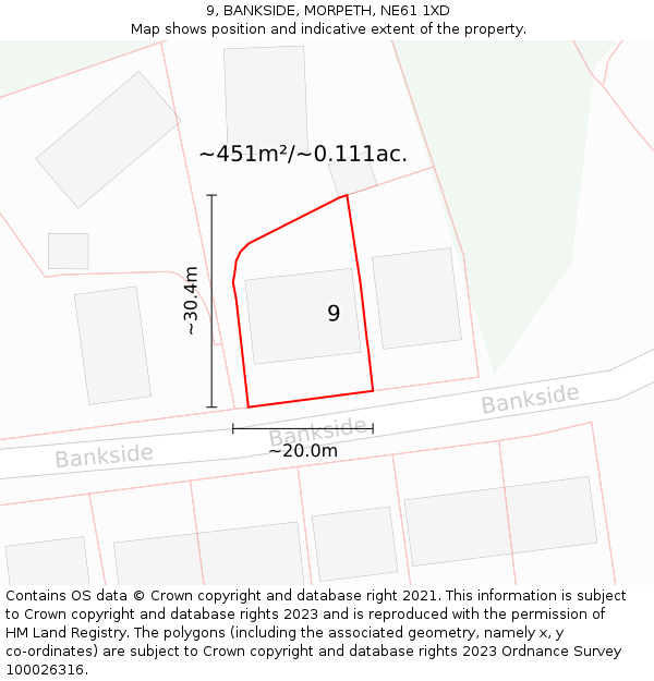 9, BANKSIDE, MORPETH, NE61 1XD: Plot and title map