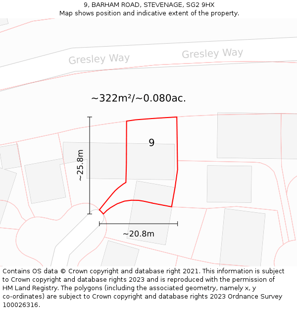 9, BARHAM ROAD, STEVENAGE, SG2 9HX: Plot and title map