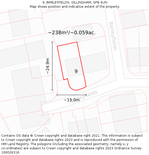 9, BARLEYFIELDS, GILLINGHAM, SP8 4UN: Plot and title map