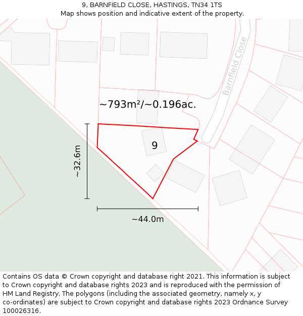 9, BARNFIELD CLOSE, HASTINGS, TN34 1TS: Plot and title map