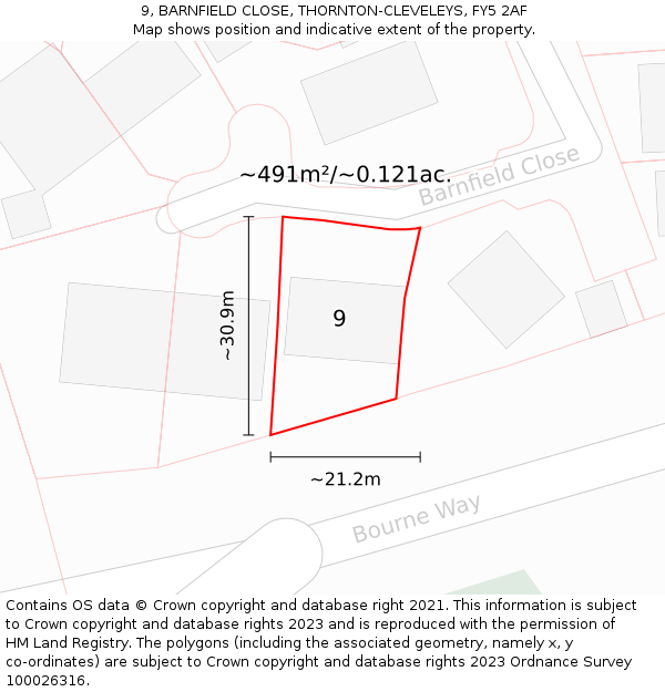 9, BARNFIELD CLOSE, THORNTON-CLEVELEYS, FY5 2AF: Plot and title map