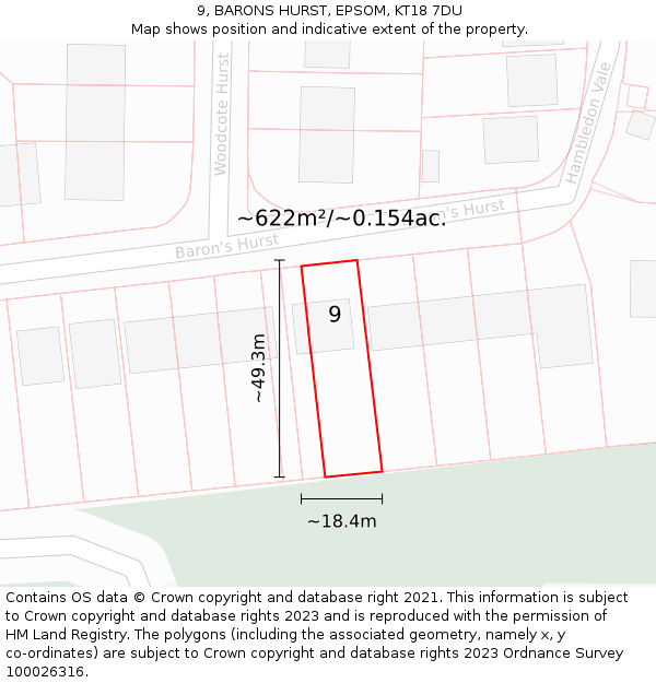 9, BARONS HURST, EPSOM, KT18 7DU: Plot and title map