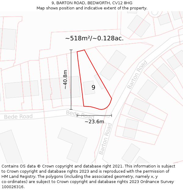 9, BARTON ROAD, BEDWORTH, CV12 8HG: Plot and title map